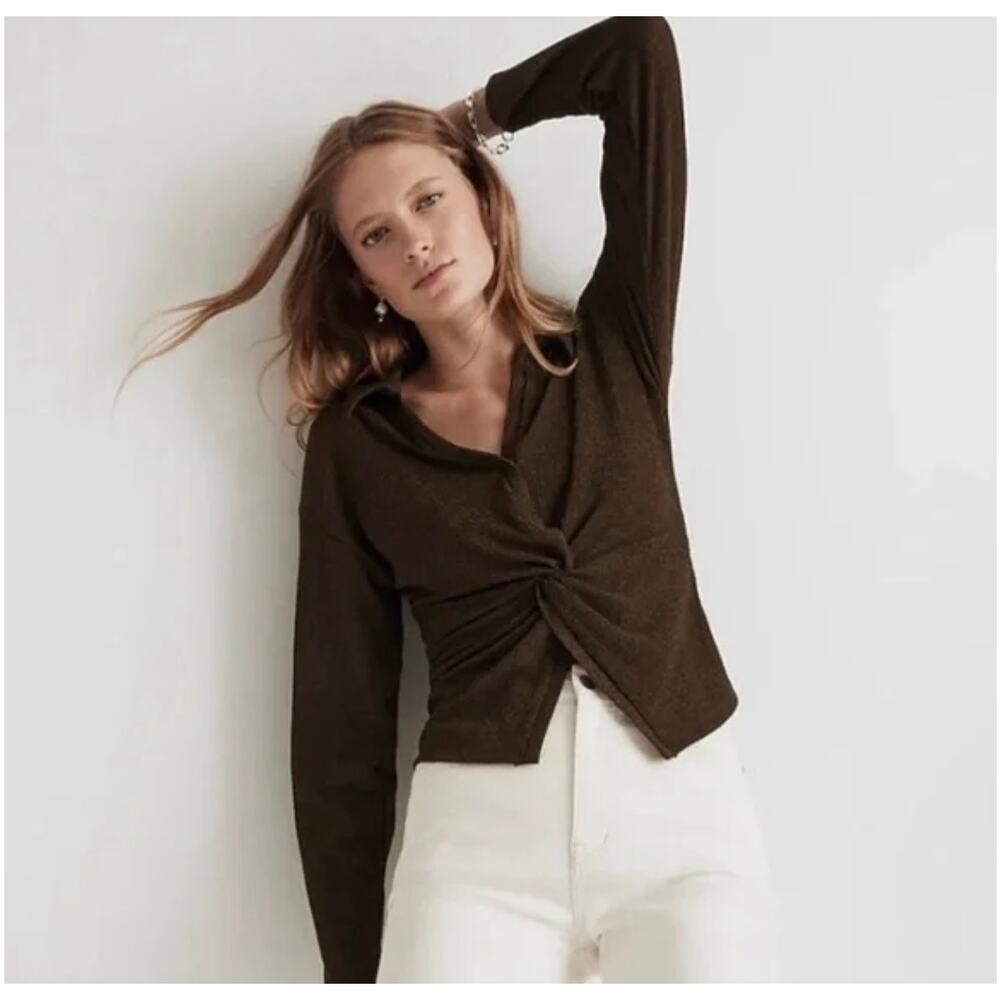 Madewell Dark Green Twisted Front Collared Long Sleeve Top - Picture 8 of 10